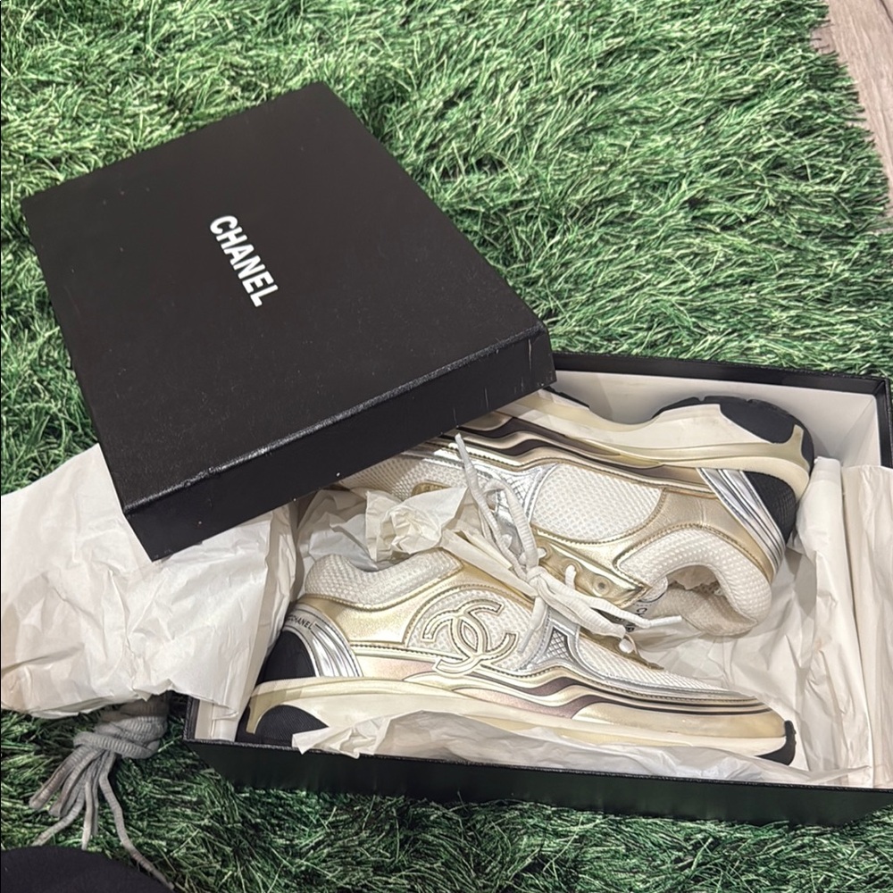 CHANEL Metallic Gold and White Sneakers - Picture 6 of 7